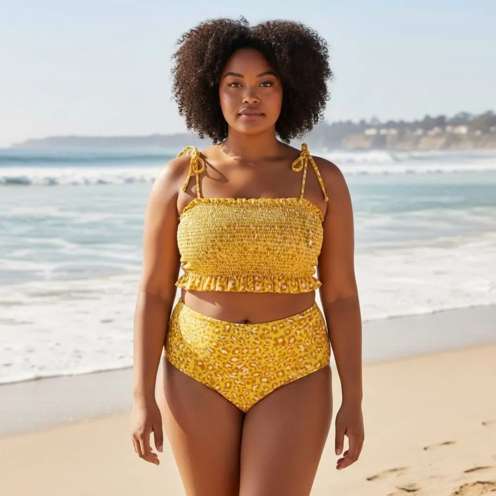 NEW Mollybelle Yellow Leopard Print High Waist Swimsuit XL Tankini 2 Piece